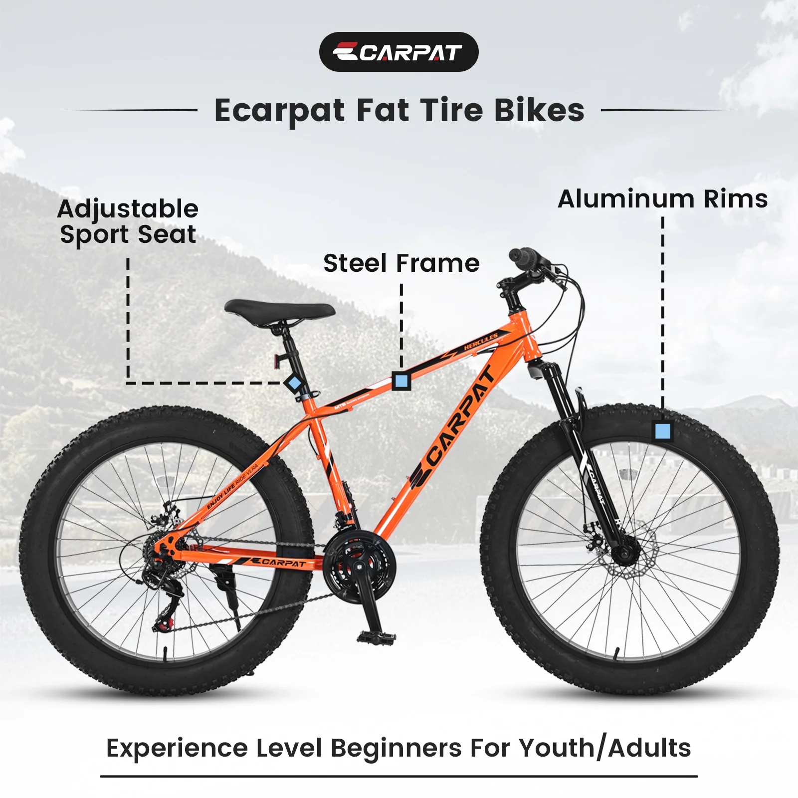 26" Fat Tire Bike for Adults, 21 Speed,High Carbon Steel Frame,Orange - Image 2