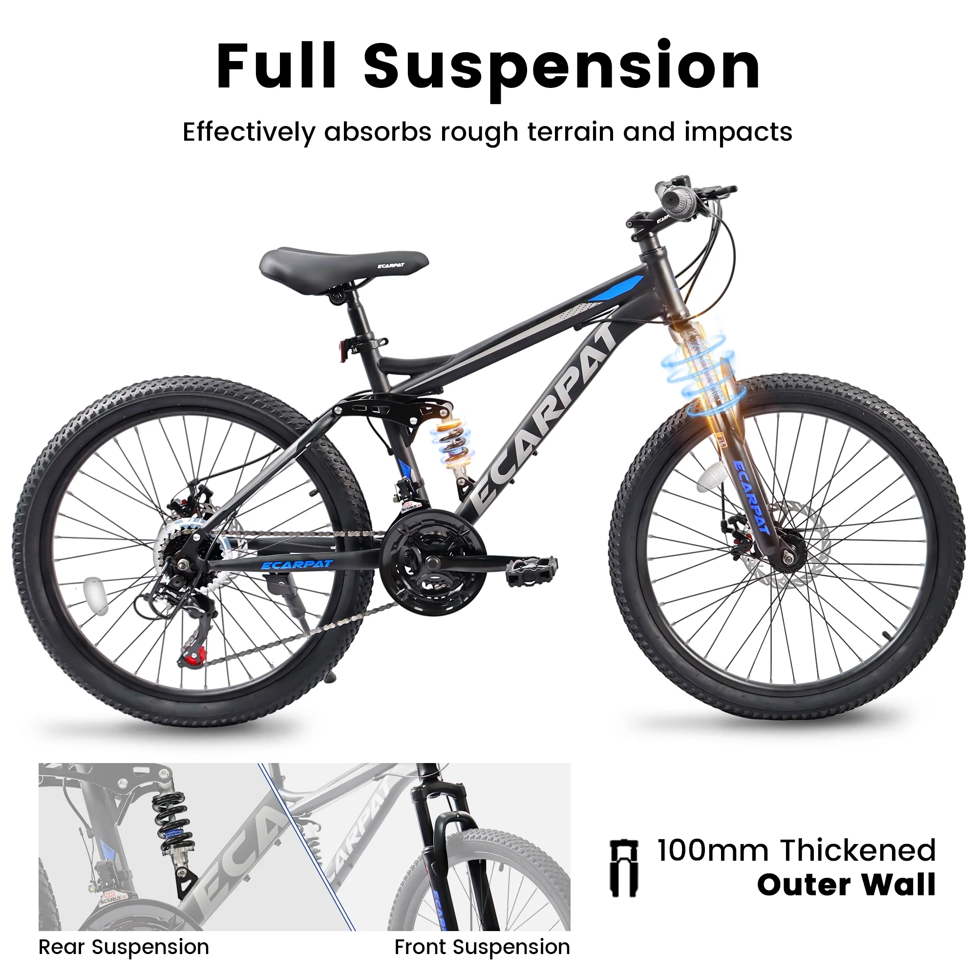 24 inch Mountain Bike for Kids, Full Suspension Boys Bike with Disc Brakes 21 Speeds, Black - Image 2